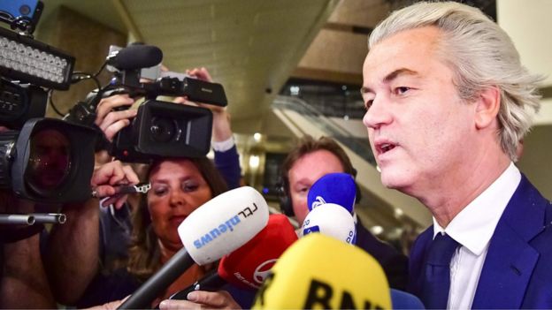 PVV leader Geert Wilders speaks to the press on election night in The Hague, on March 15, 2017