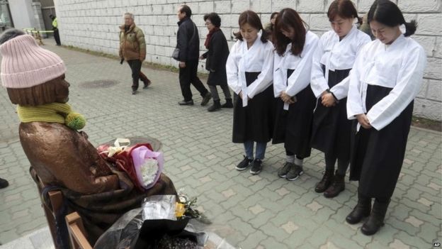 South Korean women wearing traditional dress pay theirs respects to a 