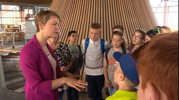 Yvette Cooper meets childre at the Senedd in Cardiff Bay