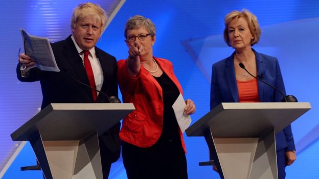 Boris Johnson, Gisela Stuart and Andrea Leadsom during a televised EU referendum debate