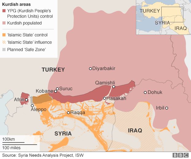 Map: Kurdish populated areas in Turkey, Syria and Iraq