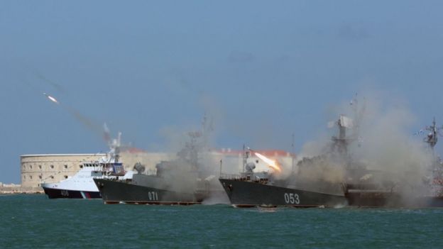 Russian frigates fire missiles on Navy Day at Sevastopol in the annexed Crimea