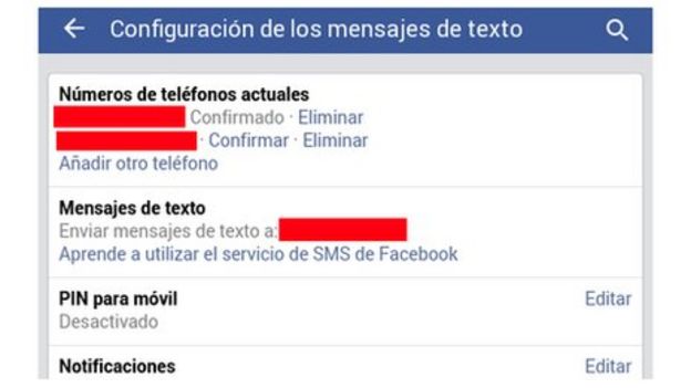 Captura de pantalla de opciones sobre teléfono en facebook.