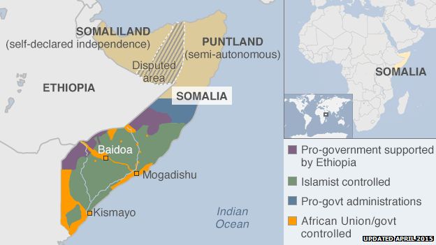 map showing who controls which parts of Somalia