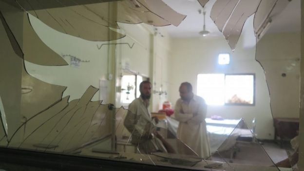Hospital interior with broken window after blast