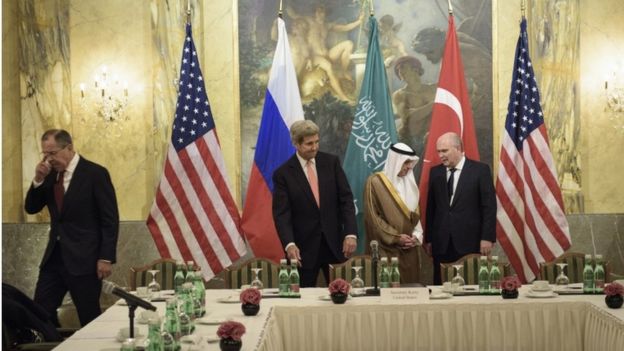 From left: Russian Foreign Minister Sergei Lavrov, US Secretary of State John Kerry, Saudi Foreign Minister Adel al-Jubeir and Turkish Foreign Minister Feridun Sinirlioglu at Vienna talks on Syria, 29 October 2015