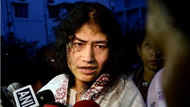 Indian human rights activist Irom Sharmila speaks to the media outside a prison hospital in the northeastern city of Imphal, India, August 20, 2014.