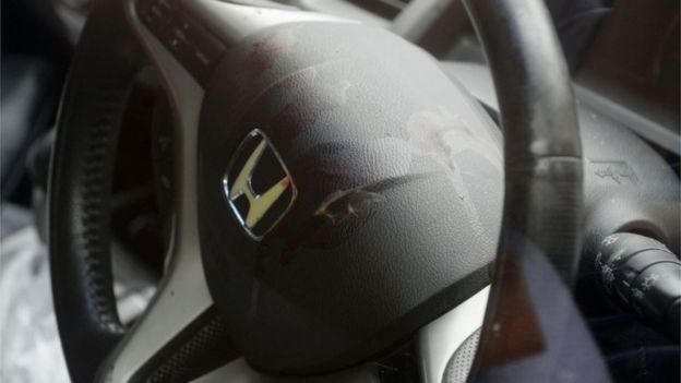 Blood on the steering wheel of a car allegedly driven by the suspect to the police station, Sagamihara, Japan (26 July 2016)