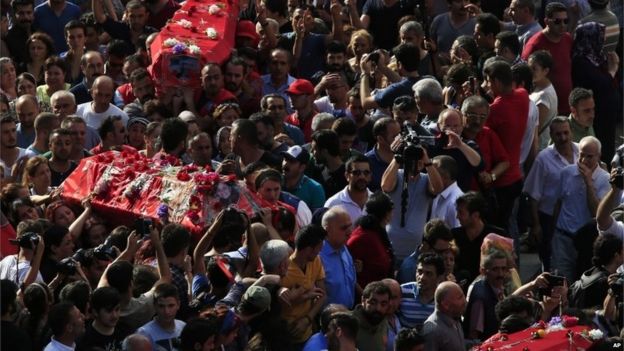 Mourners carry coffins for the some of the victims of the Suruc suicide attack in Turkey, 22 July 2015