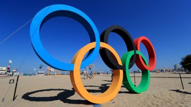 Olympic rings on Copacabana beach