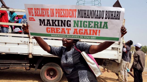 A pro-Buhari supporter at a rally in Abuja in February 2017