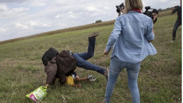 Migrants fall to the ground in southern Hungary, 8 September 2015