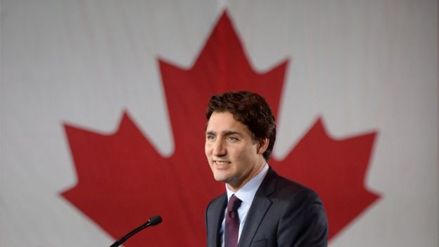 Justin Trudeau at the Liberal Party headquarters in Montreal, October 20th 2015, where he is delivering his election victory speech