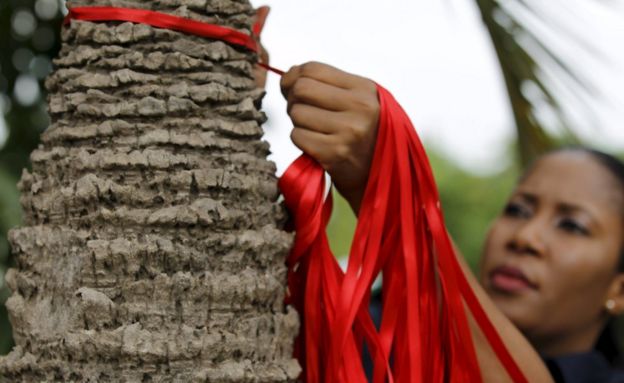 Red ribbons are tied around a tree trunk on the eve of the second anniversary of the abduction of the Chibok school girls in Abuja, Nigeria April 13, 2016