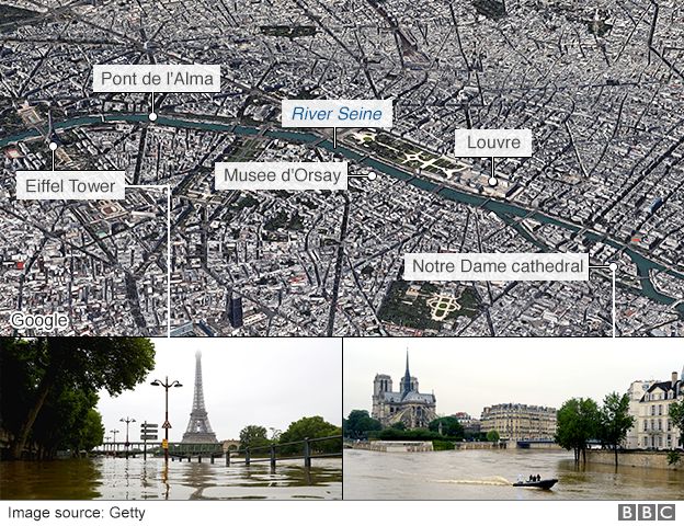 A map showing key locations in Paris