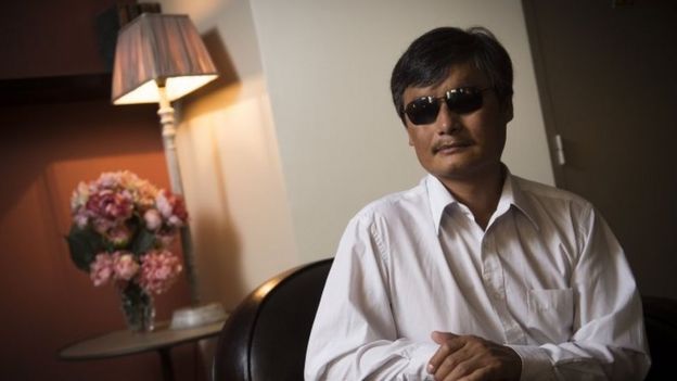 Chinese popular human rights activist Chen Guangcheng poses in Paris (31 August 2015)