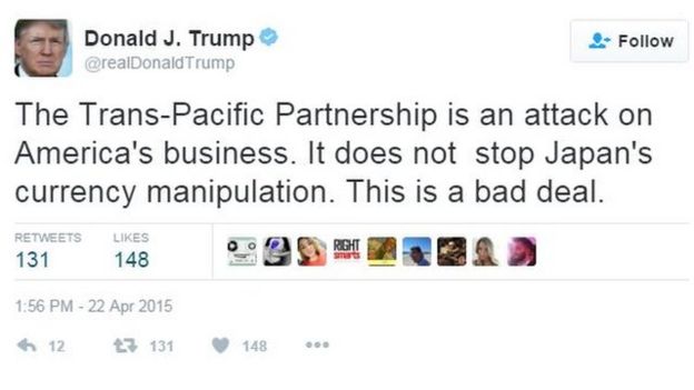 An April 2015 tweet by Donald Trump calling the TPP a 