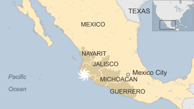 Map showing area that Hurricane Patricia struck - 24 October 2015