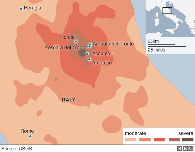 Map showing the towns affected by an earthquake in central Italy
