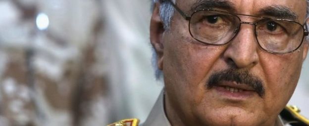 General Khalifa Haftar speaks during a news conference at a sports club in Abyar, east of Benghazi 21 May 2014