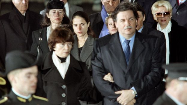 Francois Mitterrand's widow Danielle Mitterrand (L), her son Jean-Christophe, (second row, from L), Andre Rousselet, Anne Pingeot, French President Mitterrand's partner, Mitterrand's daughter Mazarine Pingeot,