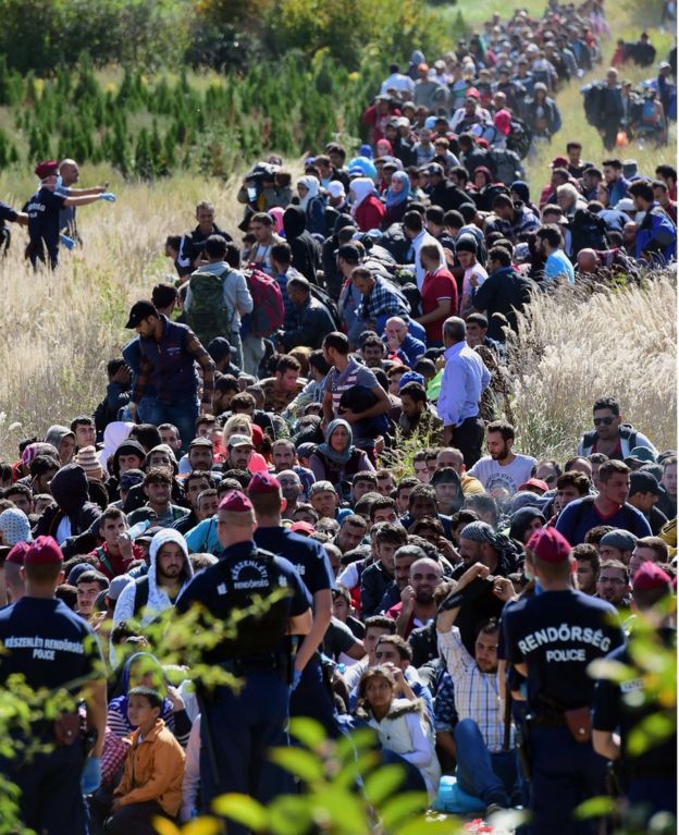Migrants walk through the countryside after crossing the Hungarian-Croatian border near the Hungarian village of Zakany to continue their trip to the north on September 21, 2015.