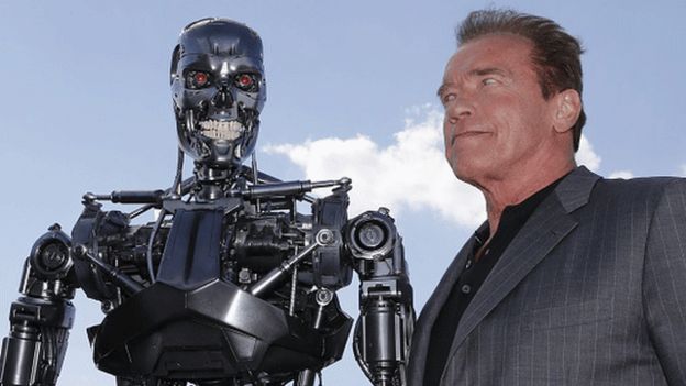 Terminator robot with actor Arnold Schwarzenegger