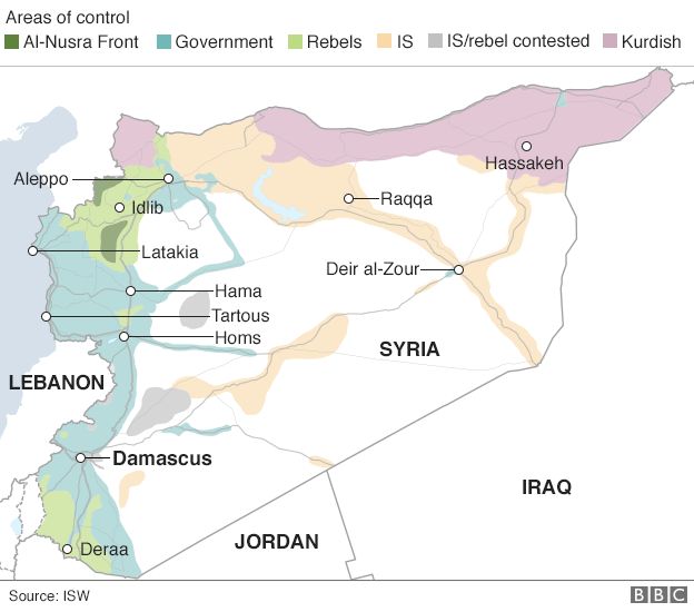 Map showing territorial control in the Syrian conflict (23 February 2016)