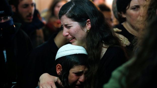 Members of the Yahav family react as police officers enter their home during an operation to evacuate the unauthorised settlement outpost of Amona in the occupied West Bank (1 February 2017)