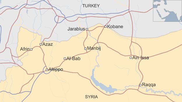 Map of Syria showing location of Manbij and roads to Aleppo, Raqqa and across the Turkish border