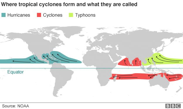 Map showing the world's seven tropical cyclone basins and what the storms that form there are called - 23 October 2015