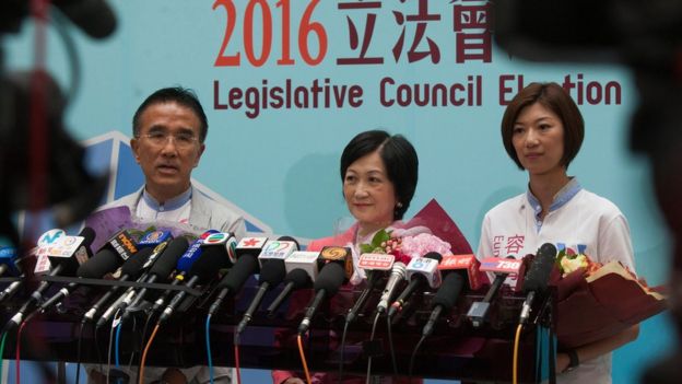 Michael Tien (L) and Regina Ip (C) and Eunice Yung (L) of the New People's Party news conference