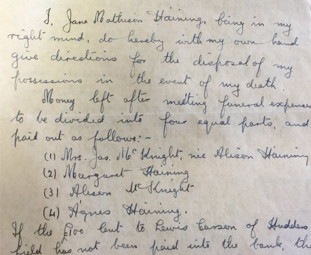 Jane Haining's handwritten will