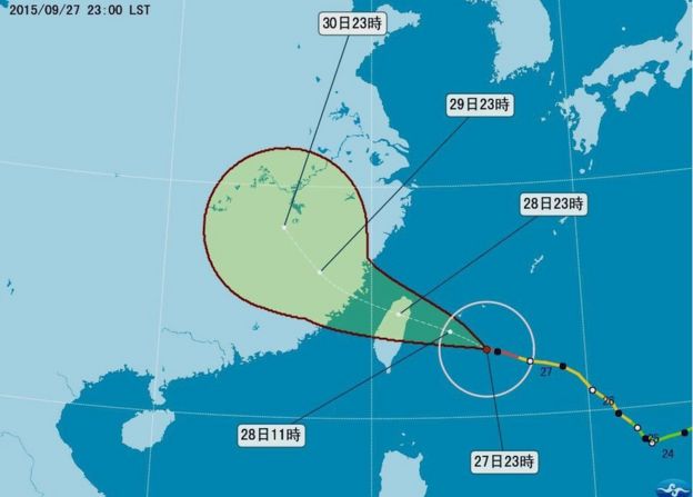 An image made available by Taiwan's Central Weather Bureau shows Dujuan approaching Taiwan's east coast on 27 September