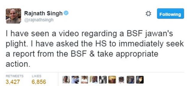 I have seen a video regarding a BSF jawan's plight. I have asked the HS to immediately seek a report from the BSF & take appropriate action.