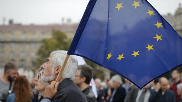 Pro-EU protest by opposition parties against Hungarian Premier Viktor Orban's policies on migrants in Budapest, Hungary, Sunday, Oct. 2, 2016