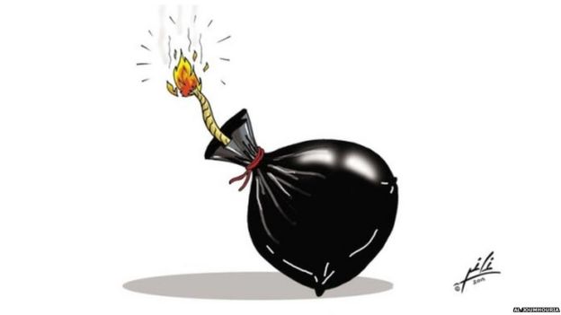 Cartoon from Lebanese Christian Al-Joumhouria newspaper depicting a trash bag with a lit up wick