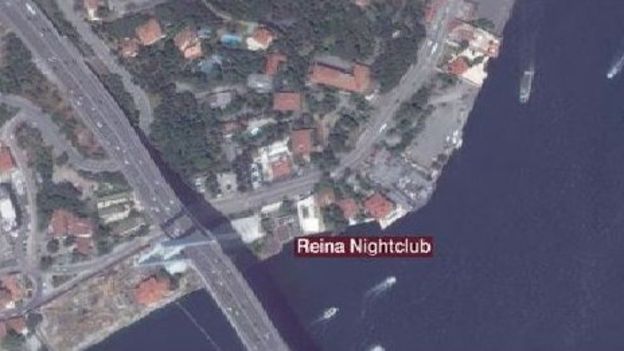 Map of Istanbul showing Reina nightclub on shore of Bosphorus