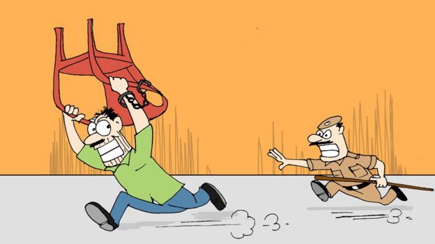 A cartoon showing a man escaping with a plastic chair from a Mumbai police station