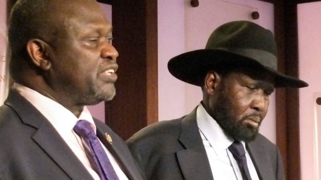 South Sudan Riek Machar, left. Salva Kiir, South Sudan President, right, on 8 July