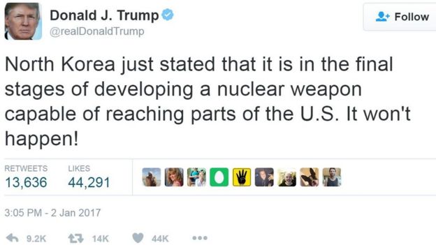 特朗普在推特上称，朝鲜不可能开发出能打到美国的核武器。