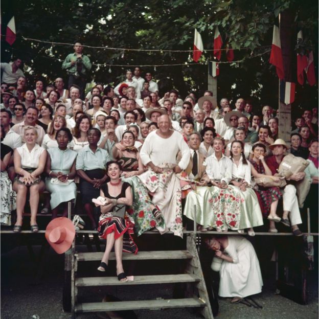 Jacqueline Roque and Picasso, Jean Cocteau, Francine and Carole Weisweiller and sitting in front, Florette, bullfight, Vallauris, 1955