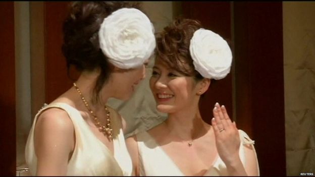 Hiroko Masuhara and Koyuki Higashi in wedding dresses