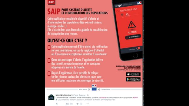Promotional poster for the app posted on Twitter showing an iPhone with a full screen red alert