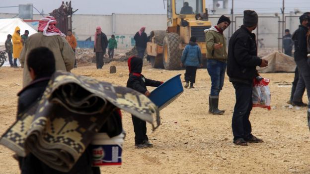 Displaced Syrians fleeing areas in northern Aleppo, at Bab al-Salama camp on Syria's northern border with Turkey. 12 February 2016