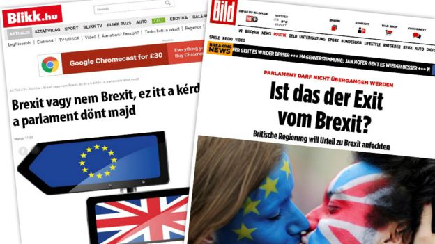 Articles discuss the High Court's Brexit decision in Hungarian daily Blikk and German daily Bild.