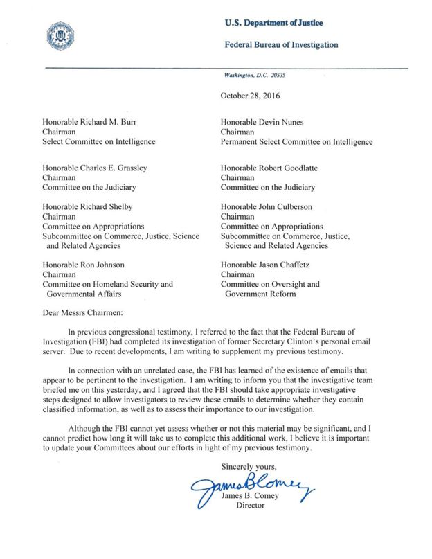 FBI director James Comey's letter to Congress