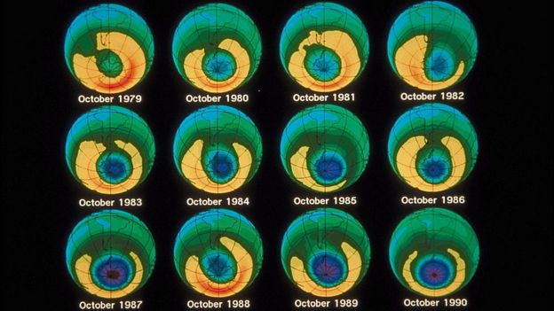 Imágenes del adelgazamiento de la capa de ozono desde el espacio.