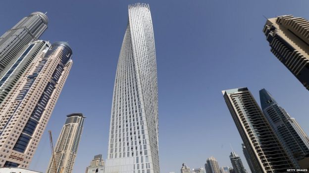 The Cayan tower (C), the world's tallest twisted tower stands at Dubai's Marina
