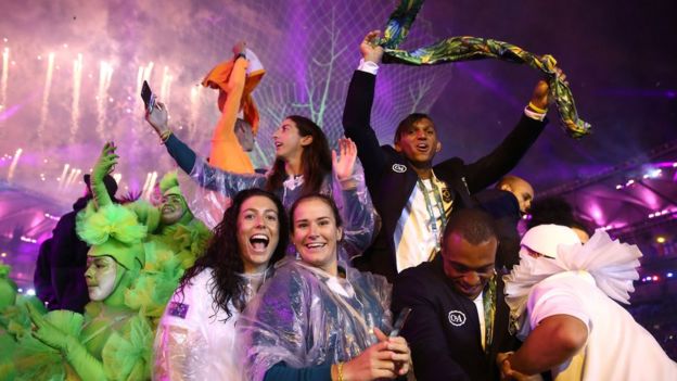 Athletes and performers at the Closing Ceremony on Day 16 of the Rio 2016 Olympic Games at Maracana Stadium